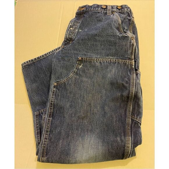 Distressed Carhartt Double knee Blue Denim Pants  Relaxed Fit Rugged Flex Utilit - Picture 6 of 16